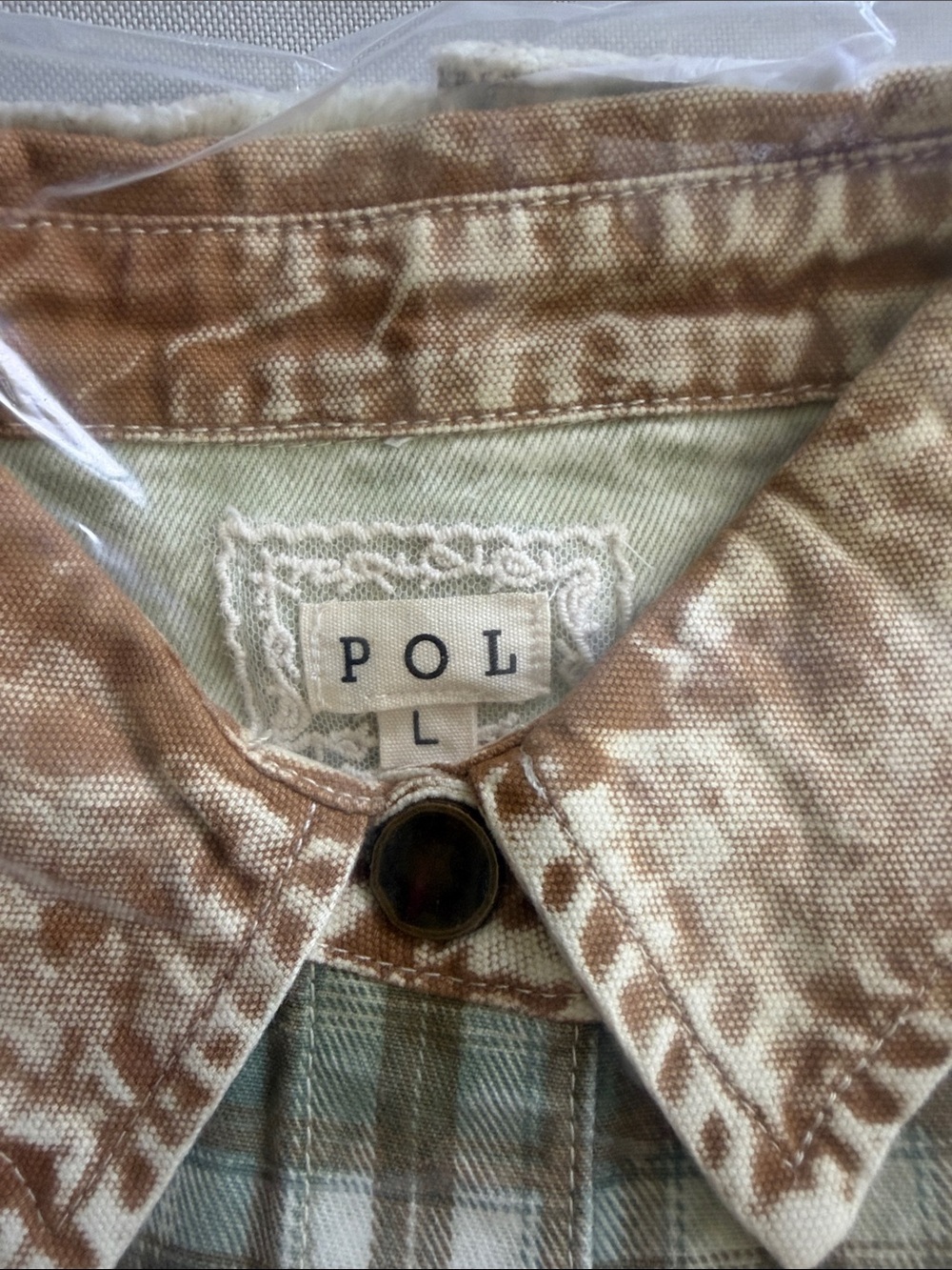 POL Heart Stud Vintage Wash Olive Green & Tan Plaid SHACKET NEW FALL WINTER - Picture 2 of 11